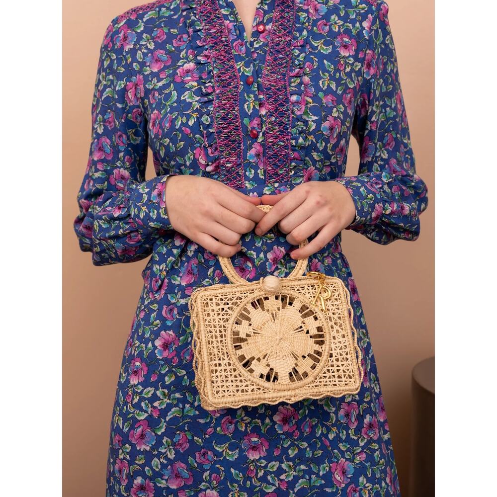Rodebjer Palm Bag Handwoven Raffia Floral Structured Handbag Natural Canvas NWT